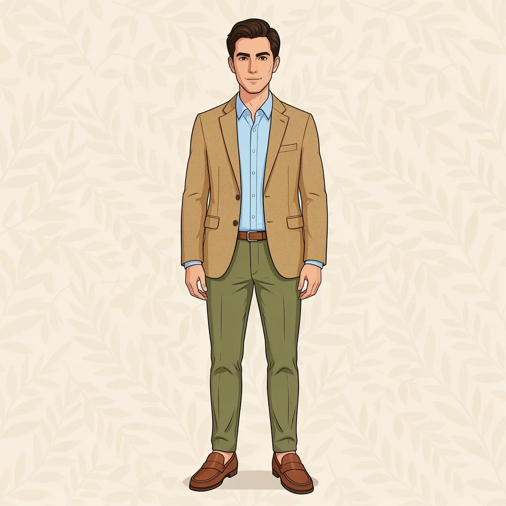 Tan sport coat and olive chinos with loafers for semi-formal courthouse wedding guest