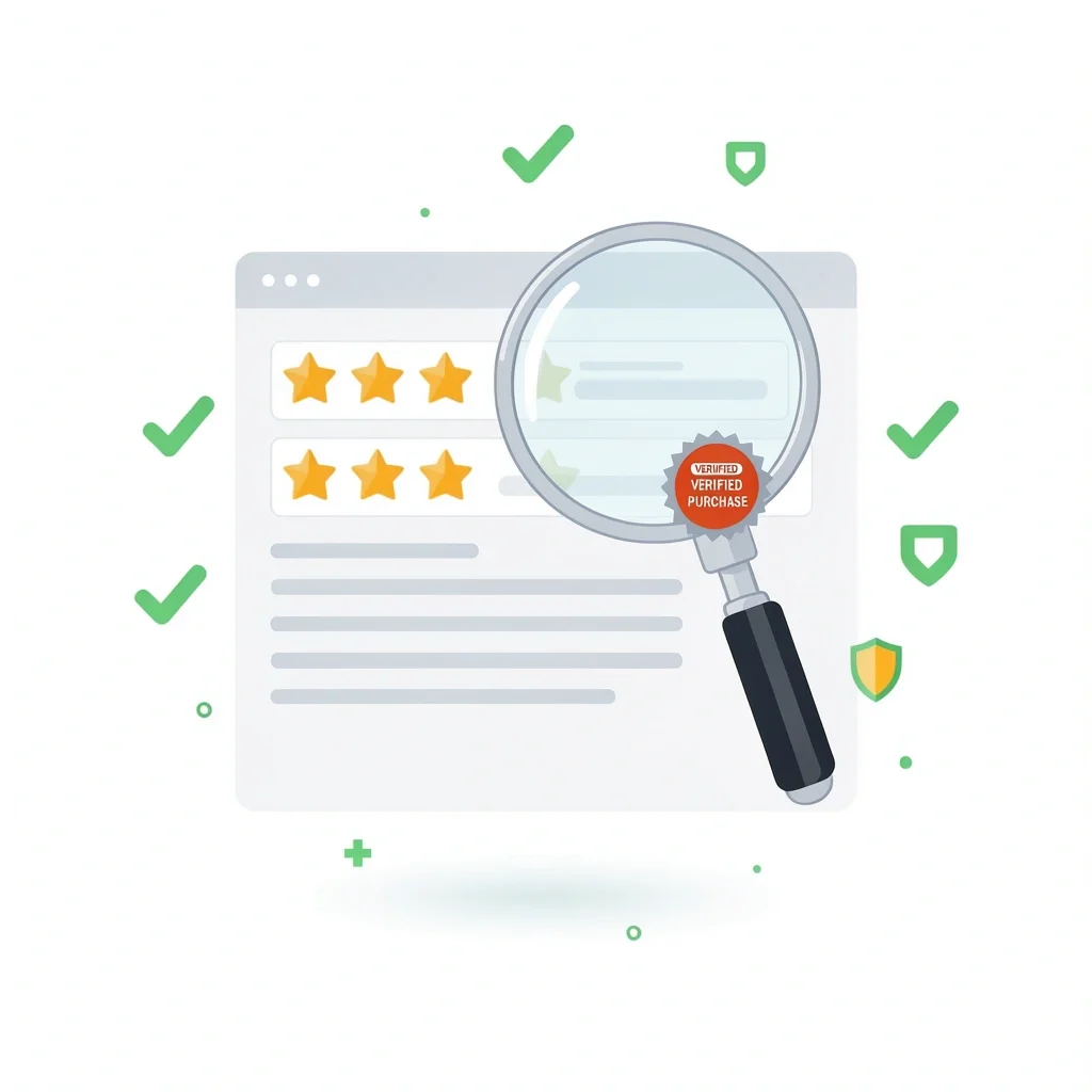A magnifying glass over a digital review section with stars and a verified purchase badge