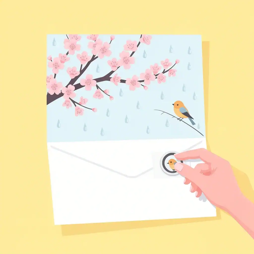 Spring Greeting Card Illustration Spring greeting card with cherry blossoms and bird design on pastel yellow background with a hand adding a stamp
