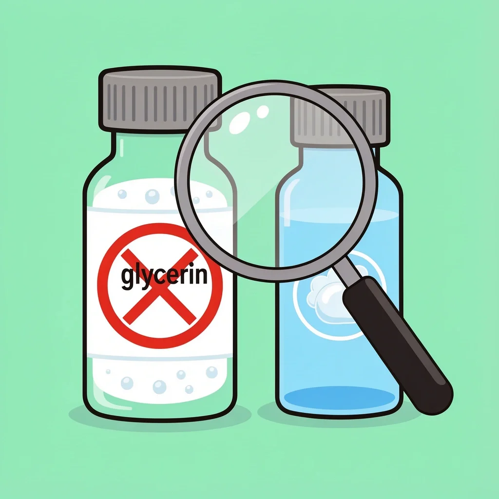 Magnifying glass inspecting bubble bottle label for glycerin and other humectants to avoid stains