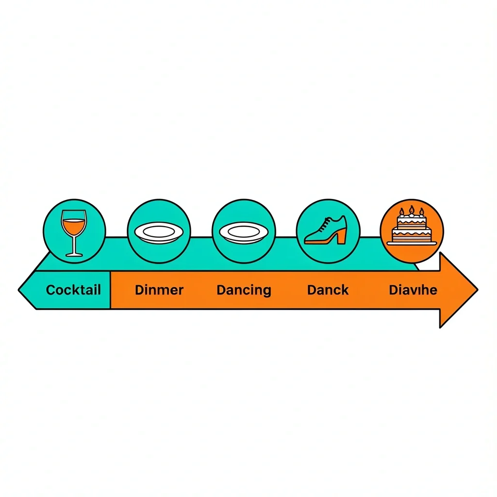 Standard Reception Timeline Timeline diagram showing cocktail hour, dinner, dancing, and cake segments of a wedding reception.