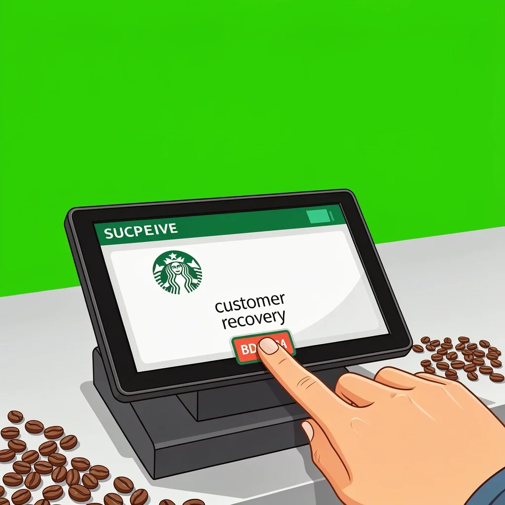 Starbucks Register Customer Recovery Comp Barista's hand pressing a customer recovery button on a Starbucks register screen, representing discretionary comps for wedding drinks