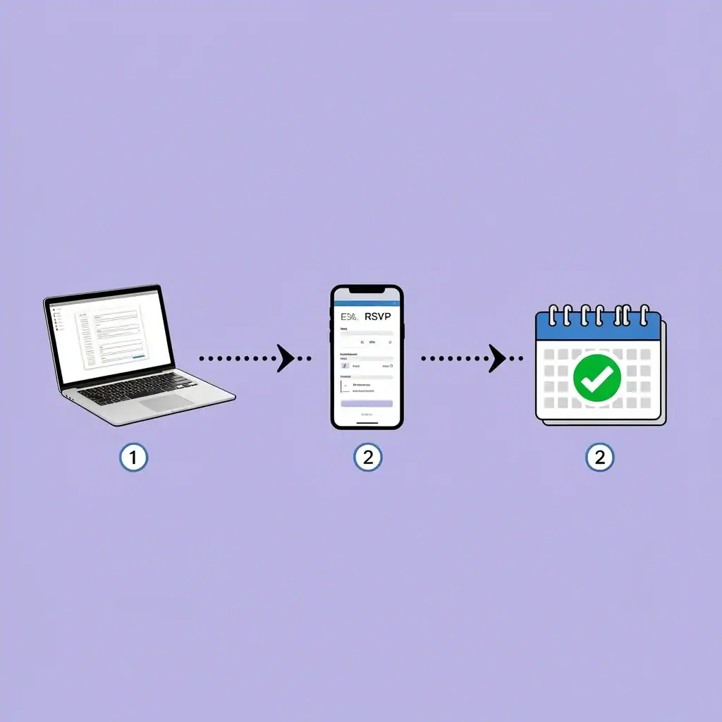 A step-by-step illustration showing a laptop, a phone with RSVP, and a calendar with a checkmark, connected by arrows and numbered circles, explaining the process of creating and sending digital invitations