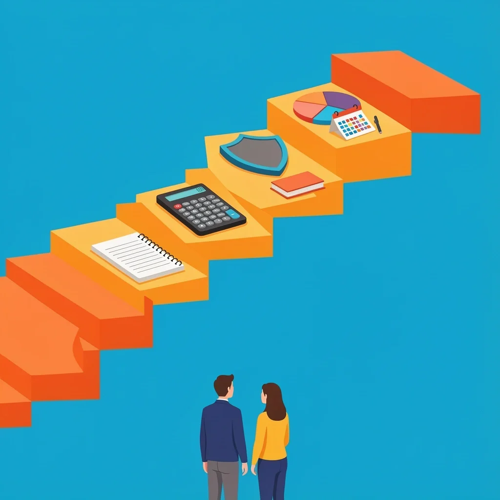 A staircase with five steps each containing a budget-related icon, guiding a couple on how to build a wedding budget