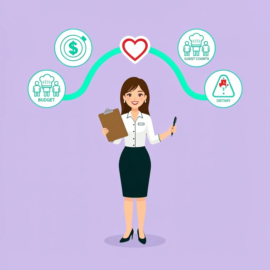 Wedding coordinator surrounded by icons representing budget, guest counts, tasting, and dietary management, connected to a heart