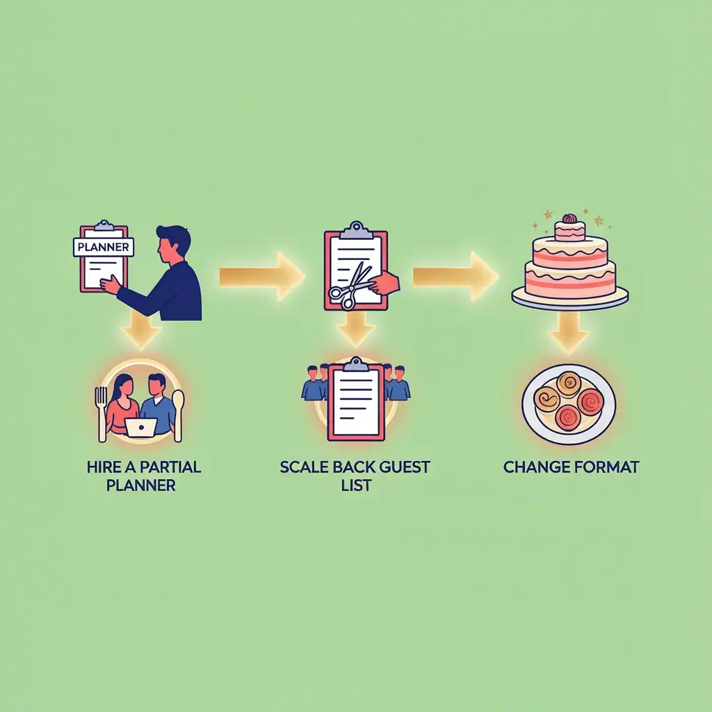 Wedding Planning Structural Changes Three visual paths showing structural changes to reduce wedding stress: hiring a partial planner, scaling back the guest list, and changing the wedding format