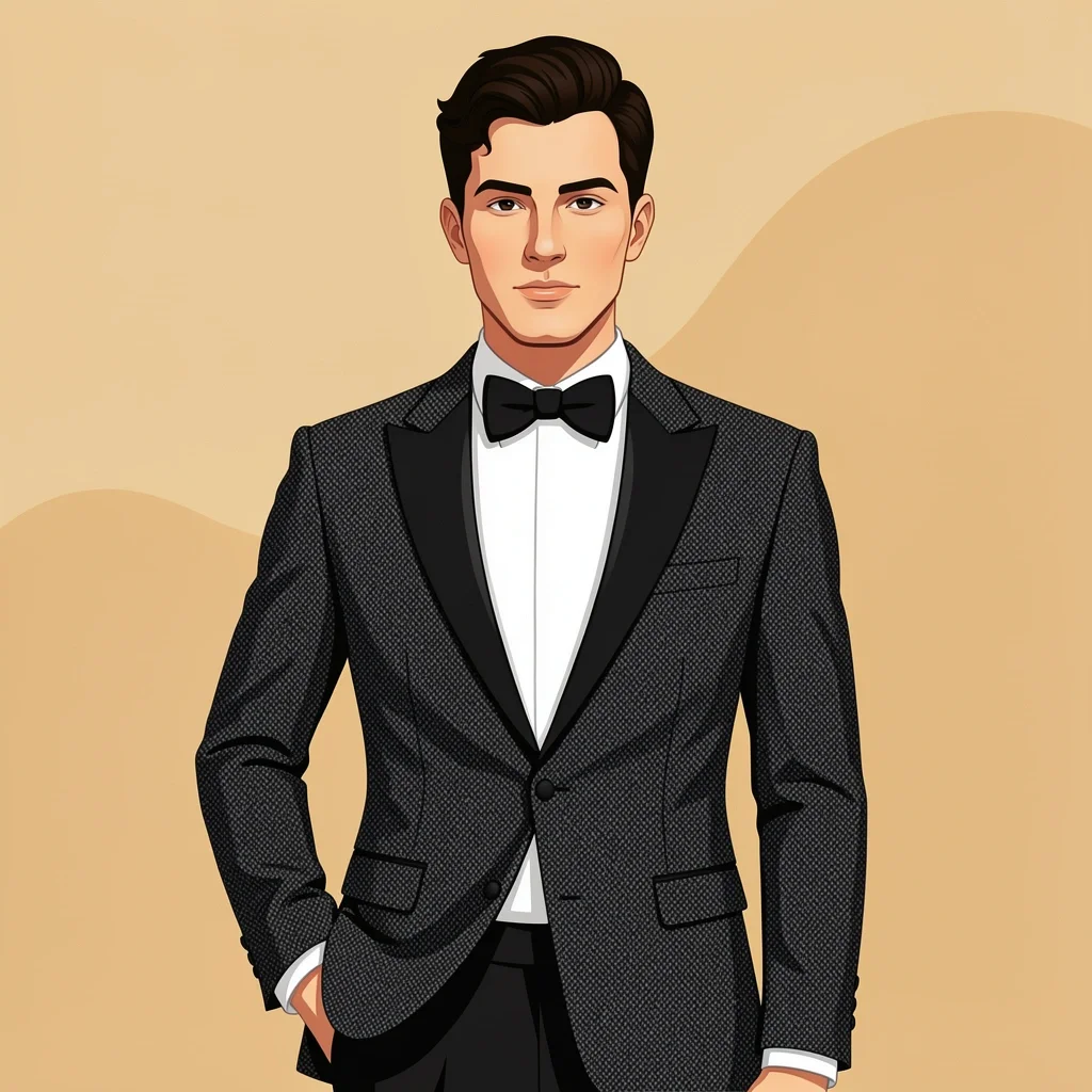 Groom in textured charcoal tuxedo jacket with white shirt and black bow tie, minimal accessories, stylish fit