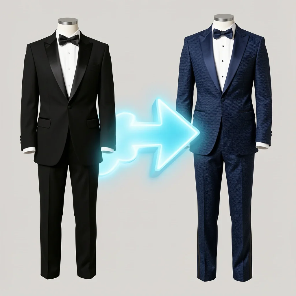 Comparison of a standard black tuxedo and a stylish textured midnight blue tuxedo with arrows highlighting differences
