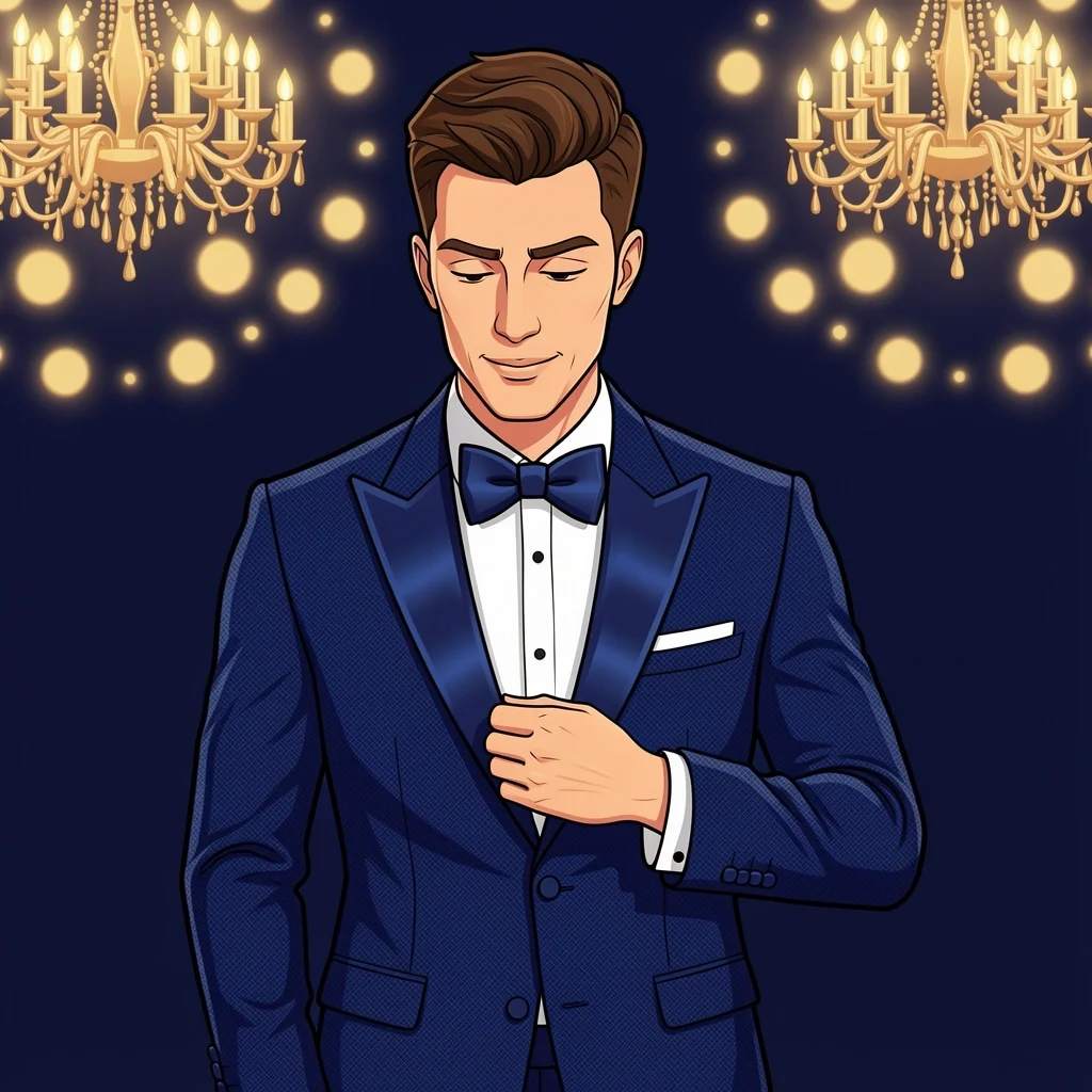 Stylish groom in midnight blue peak lapel tuxedo standing confidently in a ballroom