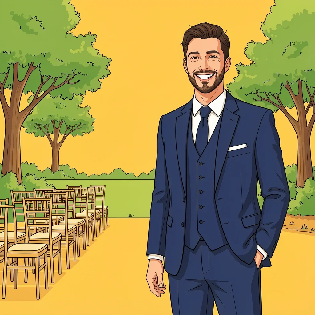 When to Wear a Suit Instead of a Tuxedo to Church Man in navy suit at daytime outdoor church wedding showing suit is better than tuxedo