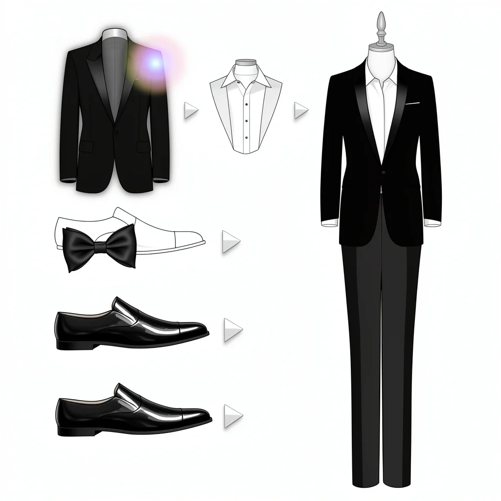 Dress Up Suit to Look Like Tuxedo Visual step-by-step guide showing how to dress a suit to look like a tuxedo: peak lapels, wing-collar shirt, bow tie, cummerbund, patent shoes.