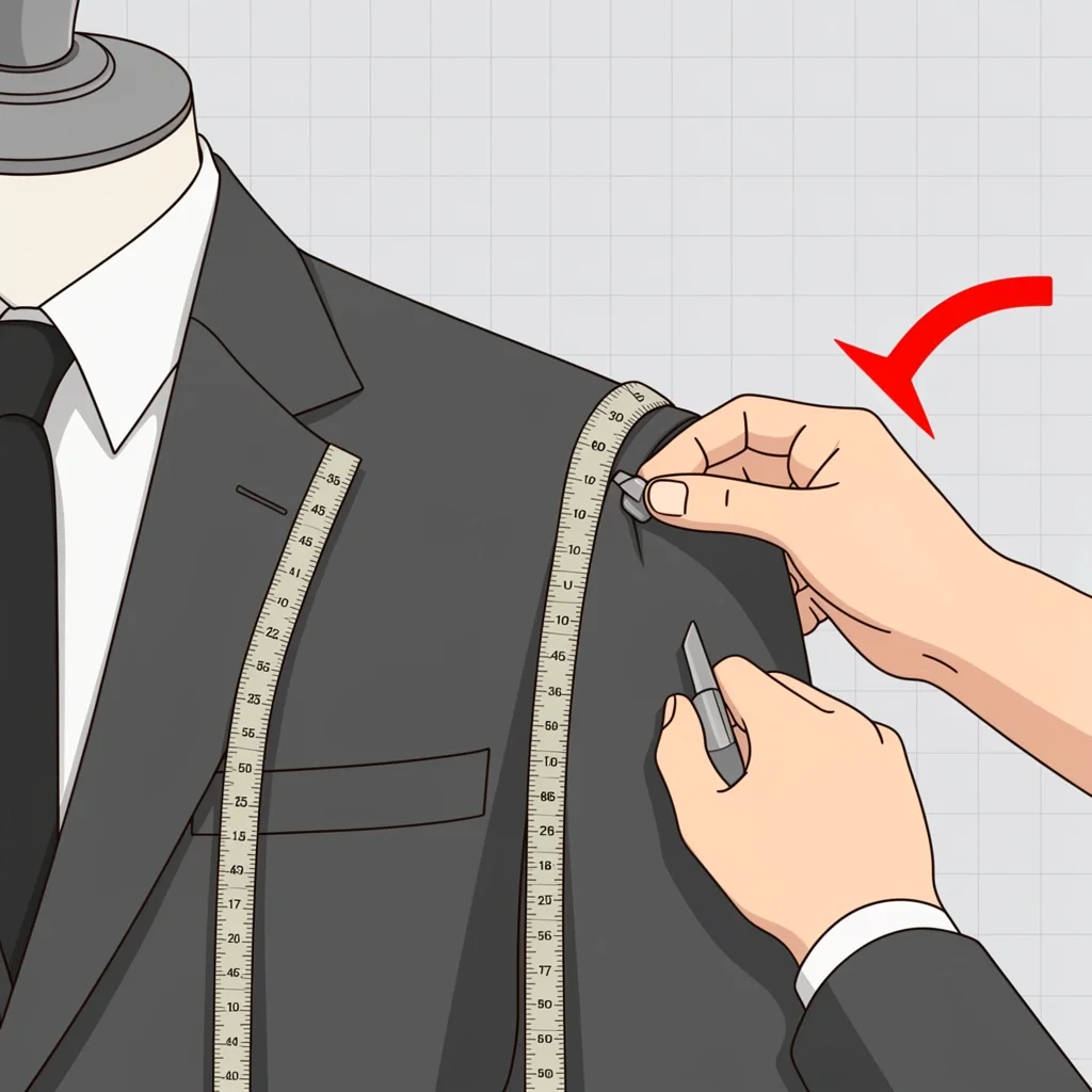 Suit Fit Tailoring Tips Tailor adjusting shoulder seam of a suit jacket, emphasizing proper fit.