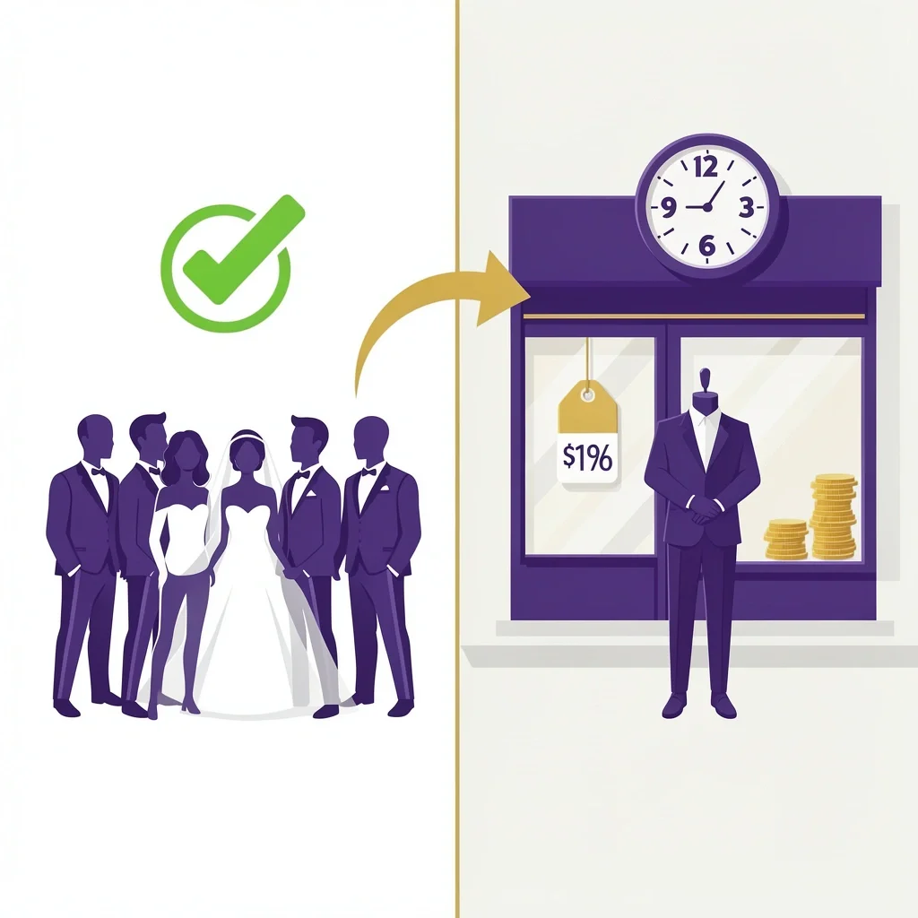 SuitShop Atlanta Final Verdict Decision visual: SuitShop for wedding groups with checkmark vs custom tailor for solo buyers with faster turnaround