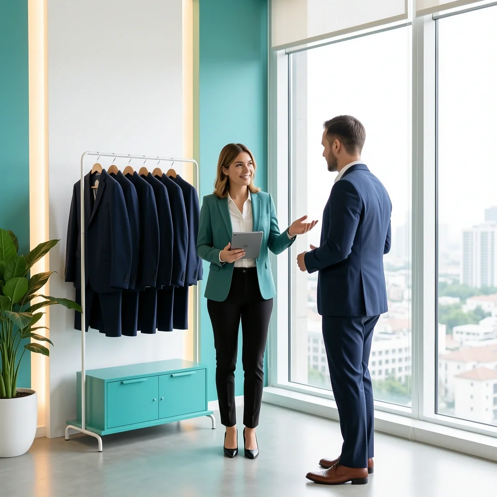 SuitShop Atlanta showroom interior with customer trying on sample suit assisted by staff