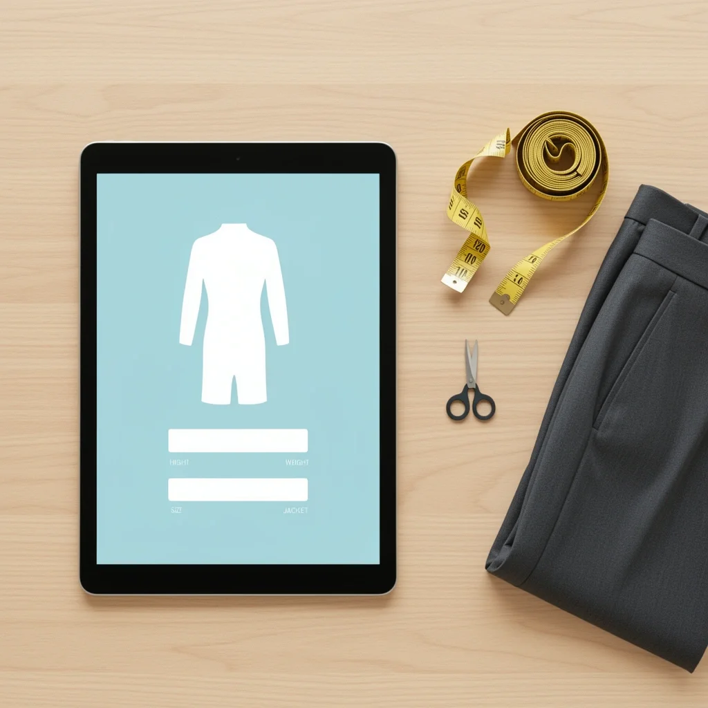 SuitShop Atlanta Measuring and Fit Tablet showing self-sizing tool with measuring tape and alterations icon for SuitShop Atlanta fit process