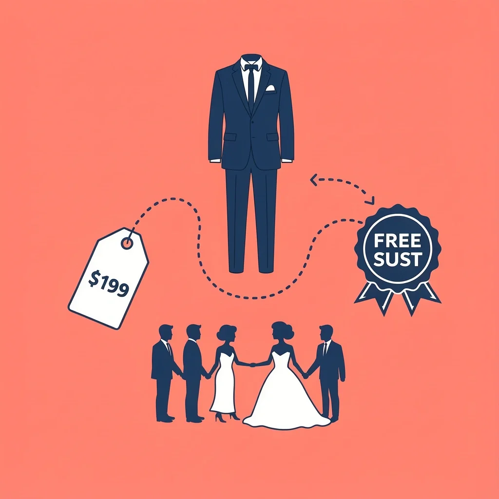 SuitShop Atlanta Value Proposition Conceptual illustration of SuitShop's value: ownership price and free suit offer for wedding groups