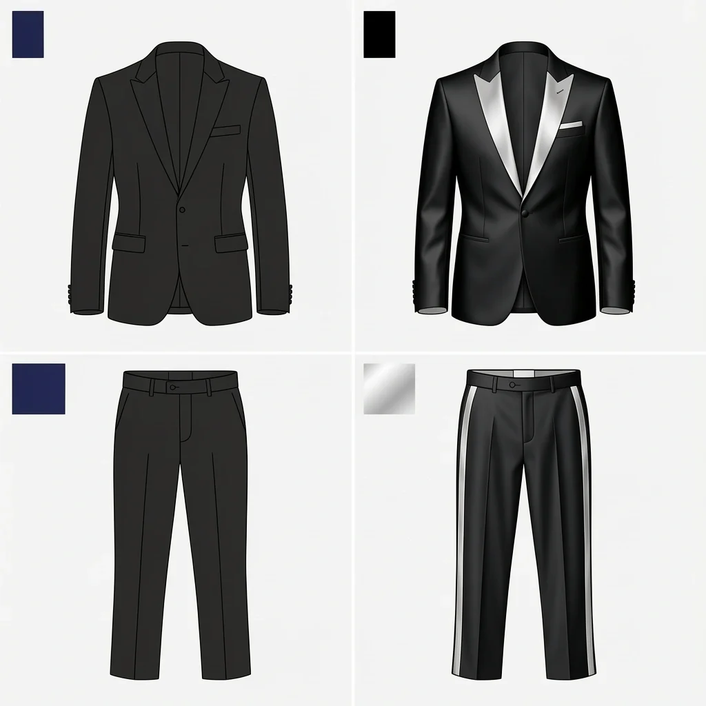 Suit vs Tuxedo Key Differences Flat lay illustration comparing suit and tuxedo jacket lapels and trousers, highlighting satin versus matte fabric.