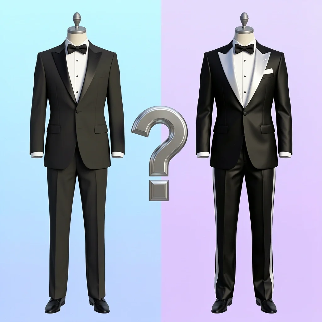 Visual comparison of a suit and a tuxedo with a question mark arrow, representing the decision between the two formalwear options.