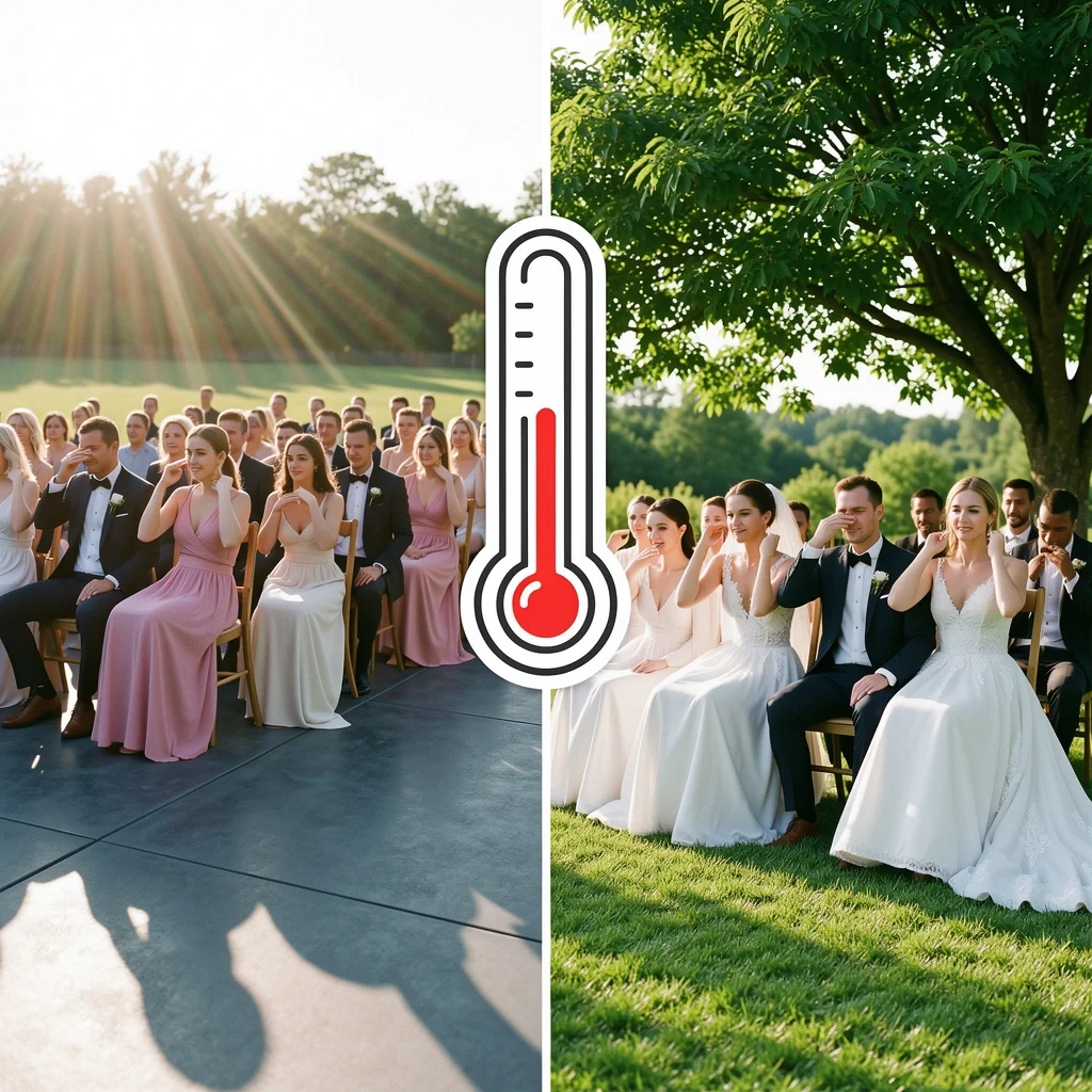 Sun vs. Shade Heat Impact on Wedding Venue Comparison of outdoor wedding ceremony in direct sun on concrete vs. shaded on grass, showing heat difference.