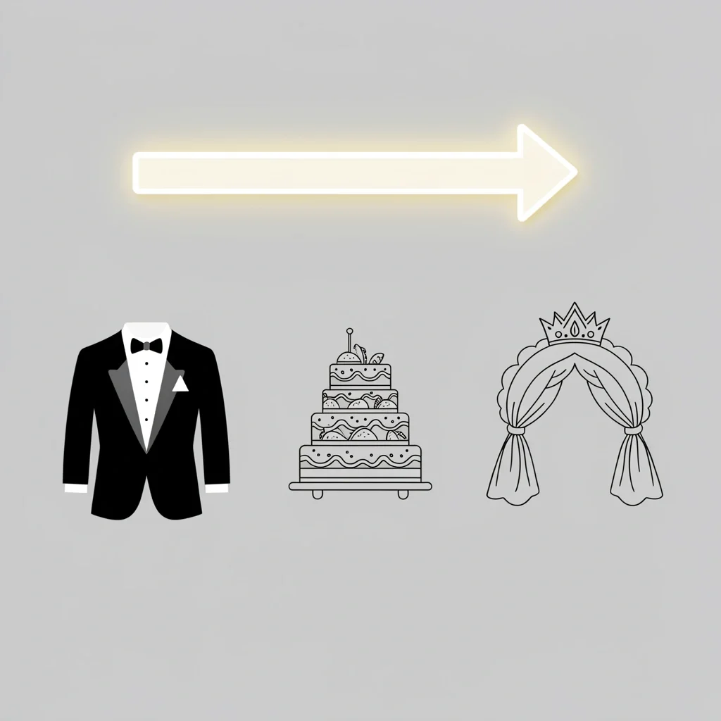2D illustration of a priority scale for T-themed wedding items, showing tuxedo and tent as high priority, cake and tacos as medium, tiara and tulle as low