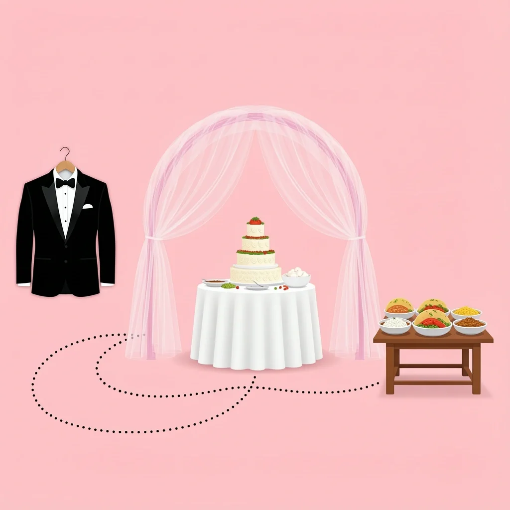 Illustration of a T-themed wedding concept showing tuxedo, tulle arch, tiered cake, and taco bar connected by a path
