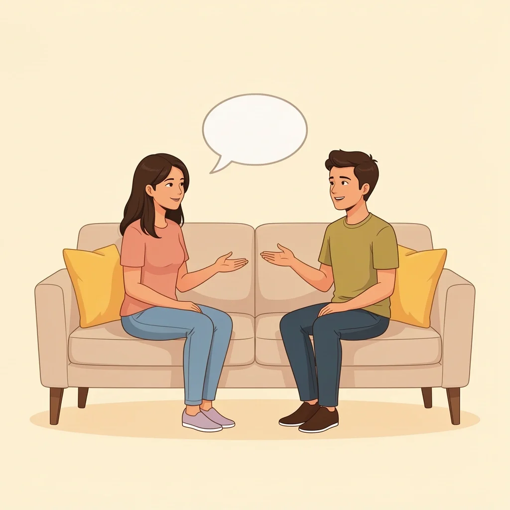 How to Discuss No Best Man with Your Partner Couple talking on a sofa, groom gesturing calmly, partner listening supportively, about choosing not to have a best man