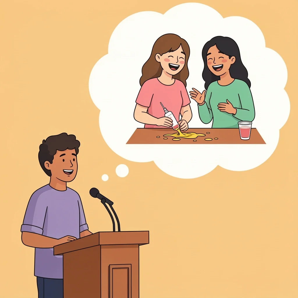 Storytelling in Speech A speaker at a podium with a thought bubble depicting a funny memory of a couple