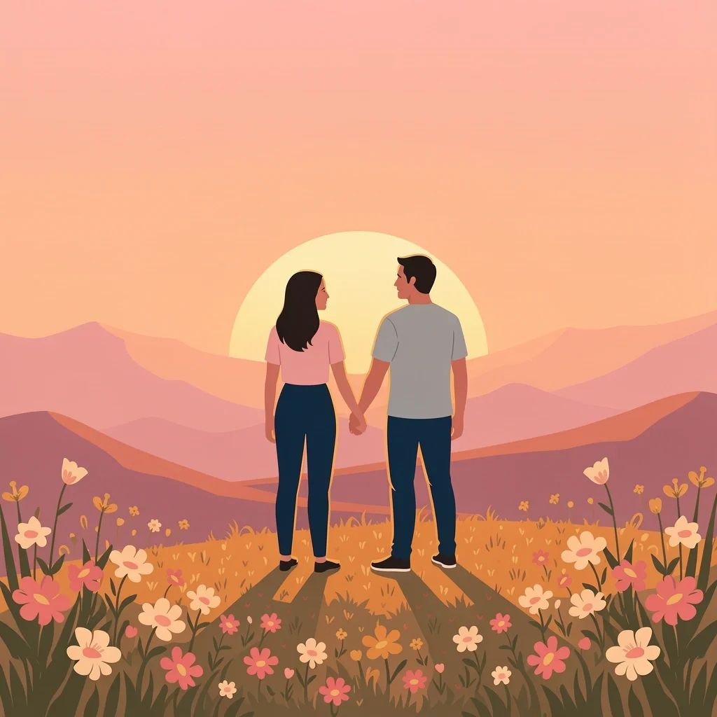 Couple eloping on a Texas hilltop at sunset with wildflowers and mountains