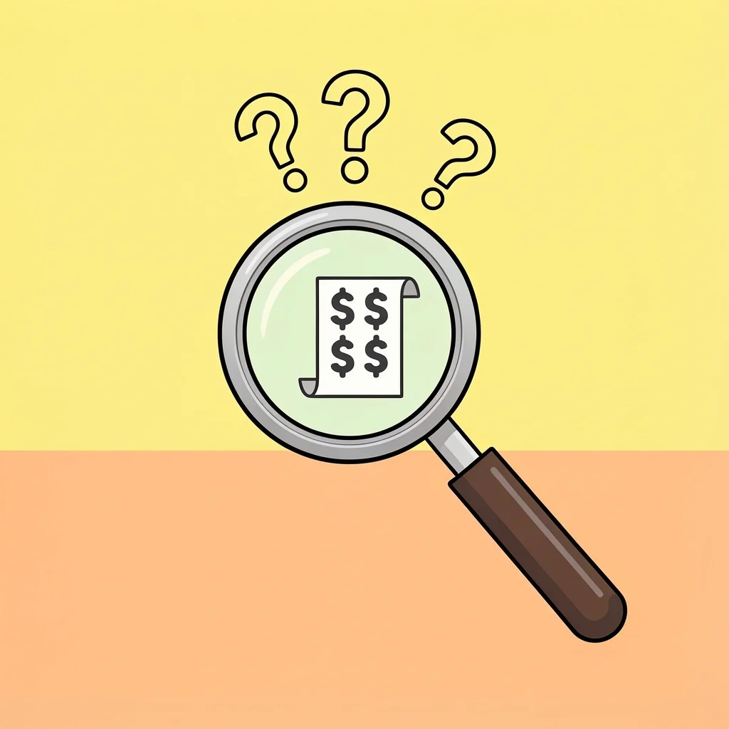 Magnifying glass examining a document with dollar signs and question marks representing hidden costs