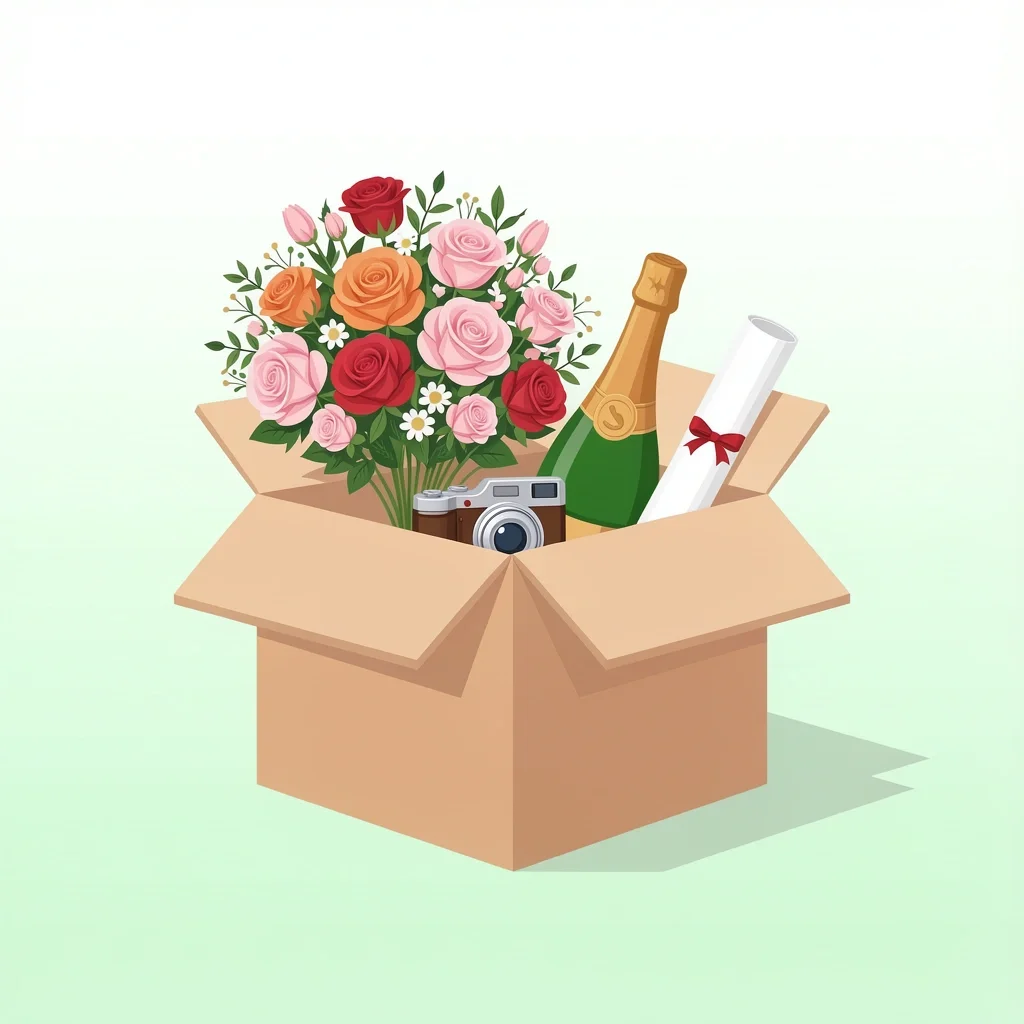 Gift box with bouquet, camera, champagne, and marriage certificate for Texas elopement package