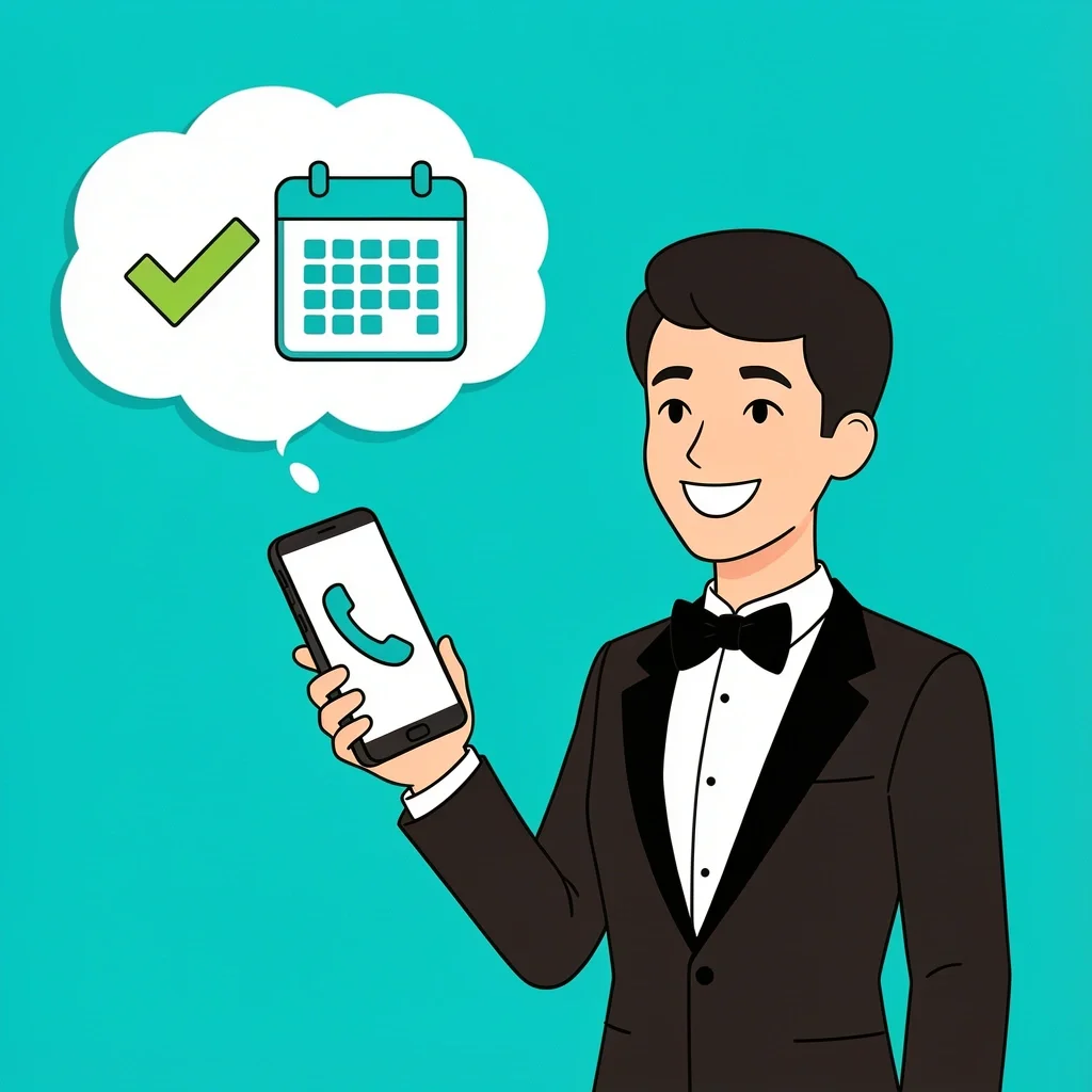 Customer service concept for The Black Tux tuxedo rental with phone and checkmark illustration