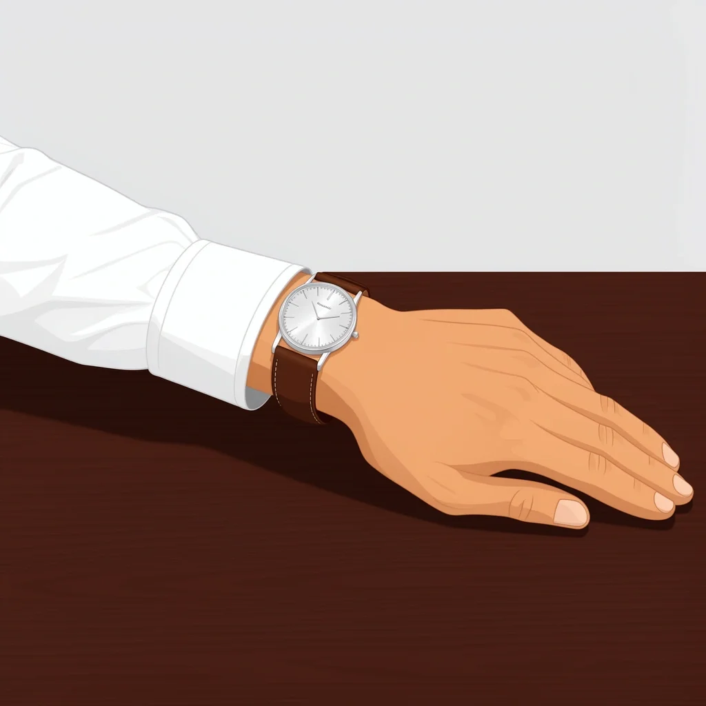 Groom Dress Watch on Wrist A groom's wrist wearing a thin silver dress watch with a brown leather strap, resting on a dark wood table.