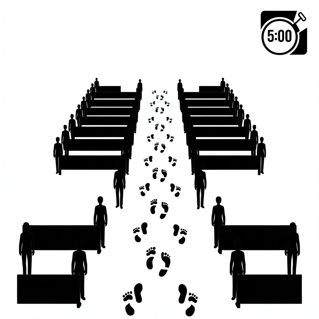 30‑5 Minute Rule for Processional Wedding aisle with footsteps and a timer icon illustrating the 30‑5 minute processional rule