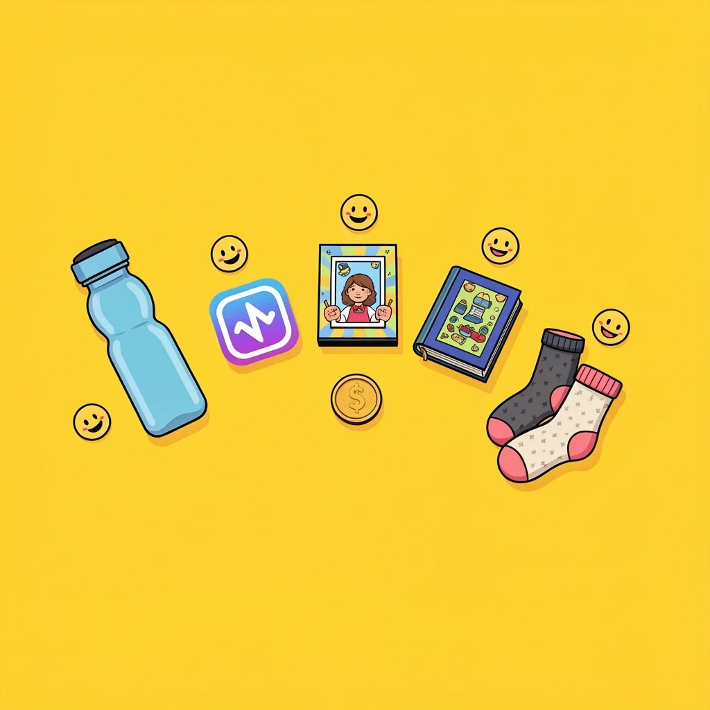 Budget Christmas Gifts Under $20 A flat lay of thoughtful gifts under $20 including a water bottle, streaming icon, board game, photo album, and socks, with a central coin.