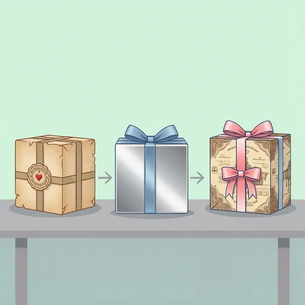 Three Anniversary Gift Frameworks Three gift boxes representing traditional, modern, and hybrid frameworks for choosing anniversary gifts.