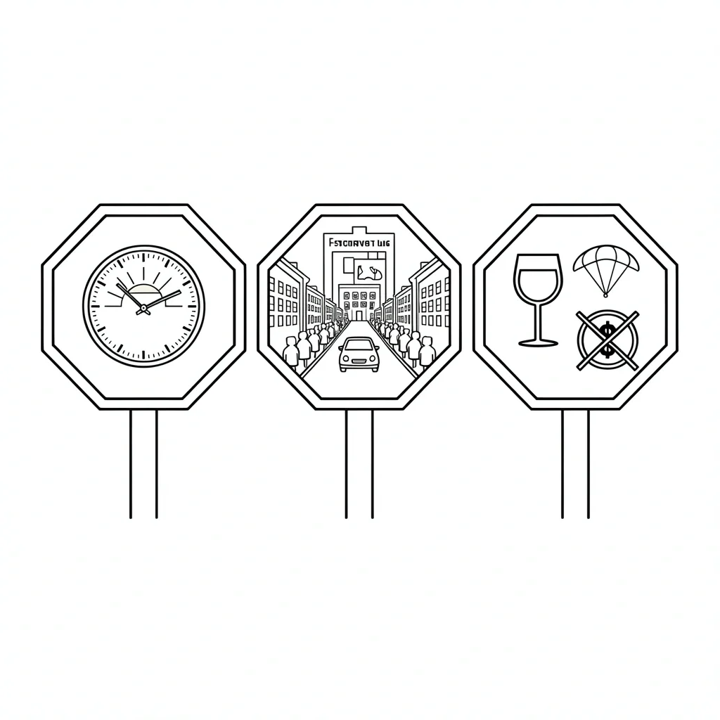 Common San Diego Date Mistakes Three stop signs with icons representing common San Diego date mistakes: sunset timing, parking, and overpaying for views