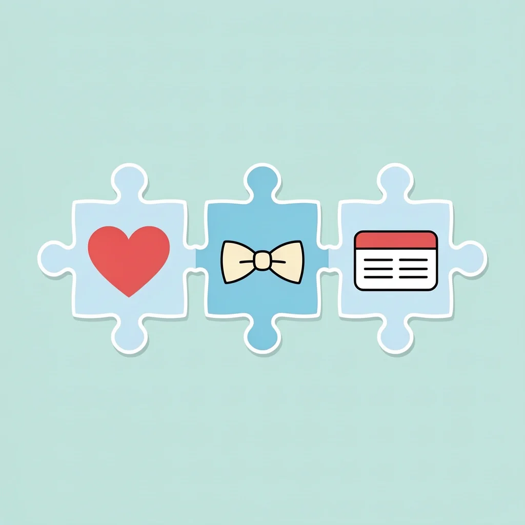 Three Key Factors for a Wedding Card Greeting Three puzzle pieces with heart, bow tie, and card icons representing relationship, formality, and style for wedding card greetings