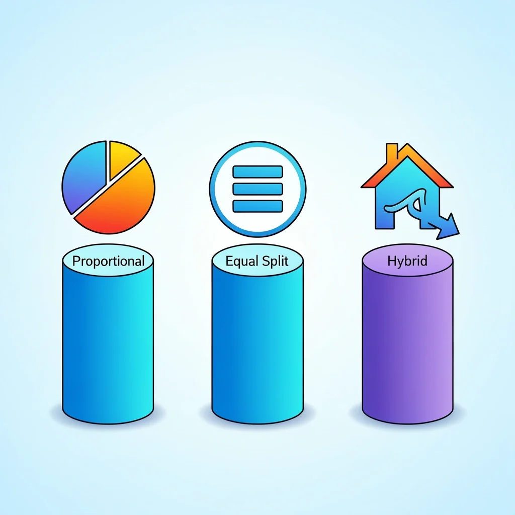 Three pillars representing proportional, equal, and hybrid expense sharing methods with icons