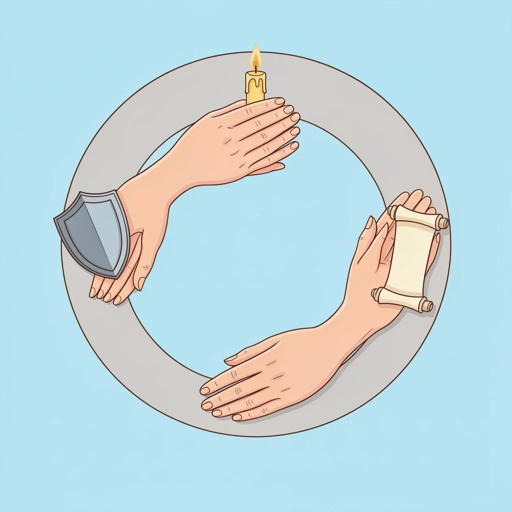 Three hands holding a shield, a candle, and a scroll symbolizing request, intercession, and declaration