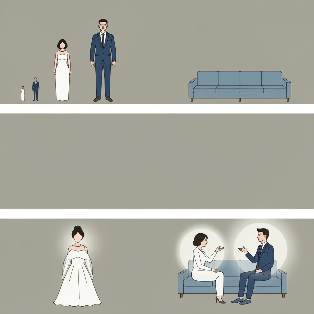 Illustration comparing three marriage patterns: Consumed (one partner shrinks), Distant (separate lives), and Balanced (connection and autonomy coexist).