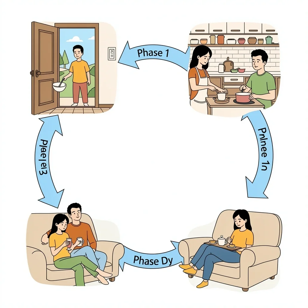 Three-Phase Date Night Flow Visual timeline of three-phase date night: arrival, main activity, and wind down