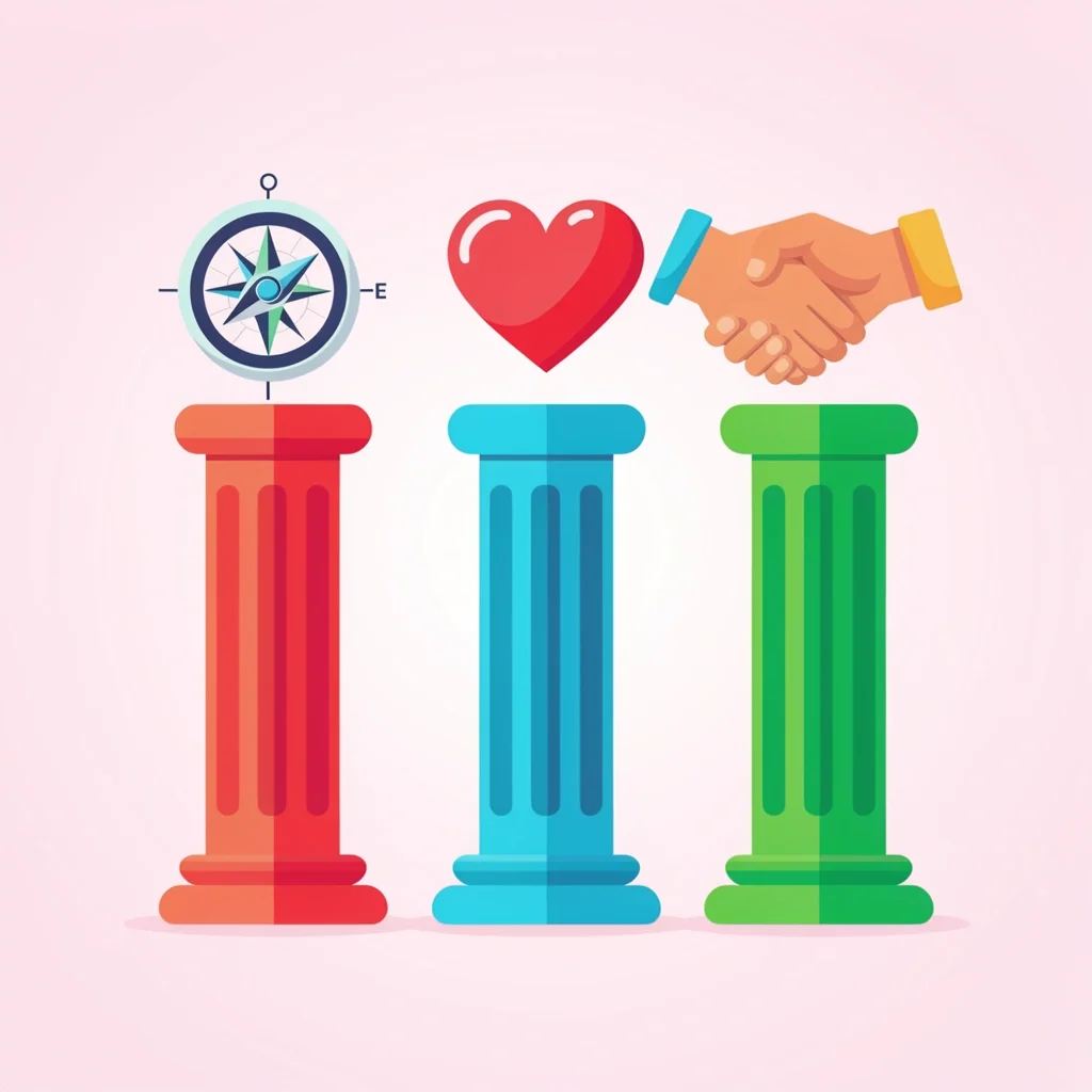 Three pillars with compass, heart, and handshake symbols representing alignment, connection, and cooperation