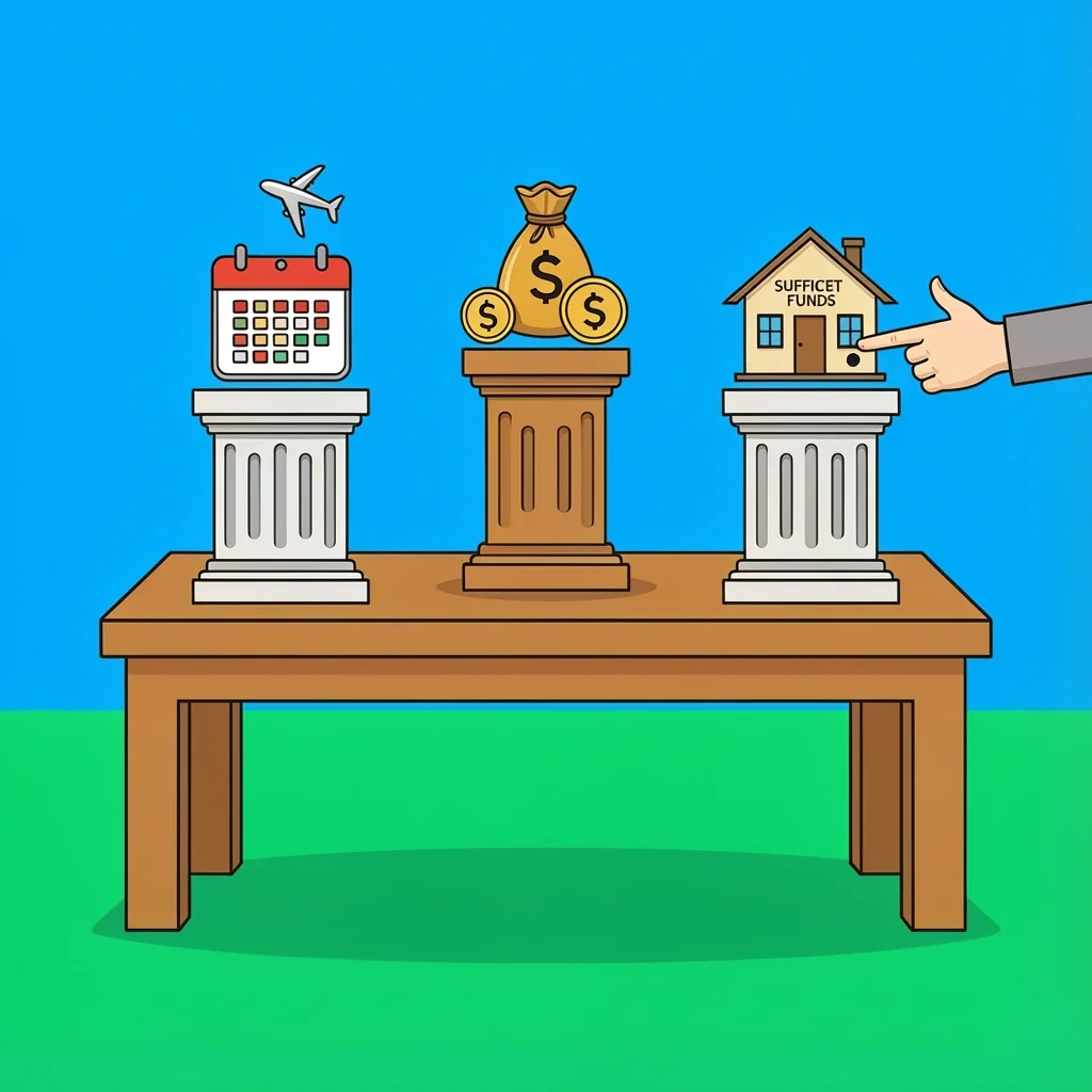 Three pillars representing key factors for B-2 visa approval: temporary visit, sufficient funds, and ties to home country