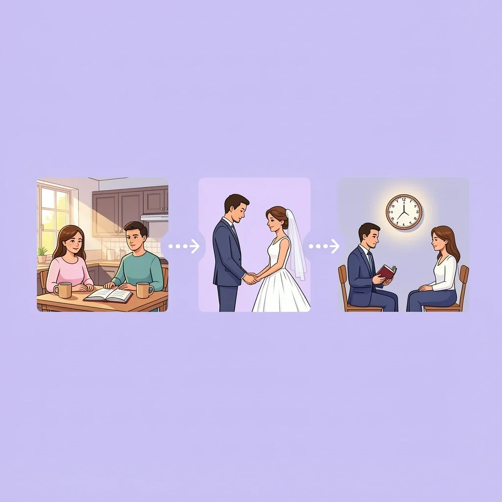 Three visual scenarios showing optimal times for a wedding day devotional: morning, before first look, and before ceremony