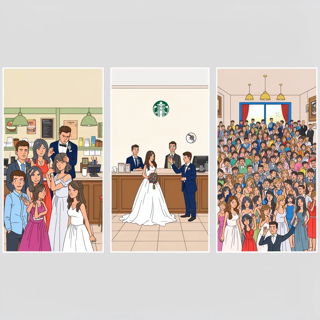 Wedding Starbucks Scenarios Group Size Comparison Three comparison scenes showing different wedding party sizes at Starbucks: large group stressed, couple happy, massive group denied by manager