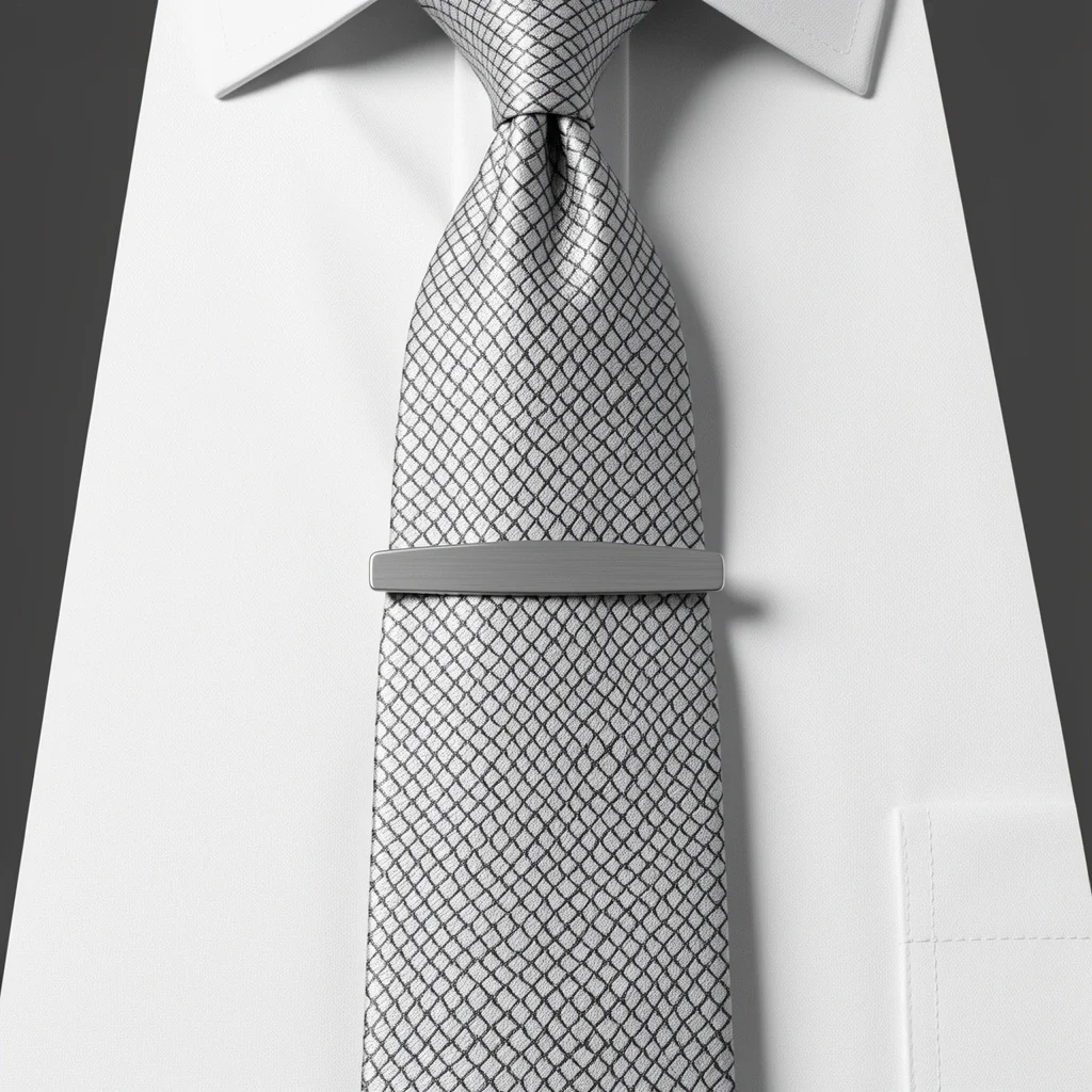 Tie Bar Placement on Dress Shirt A silver tie bar clipped across a patterned tie and the third button placket of a dress shirt.