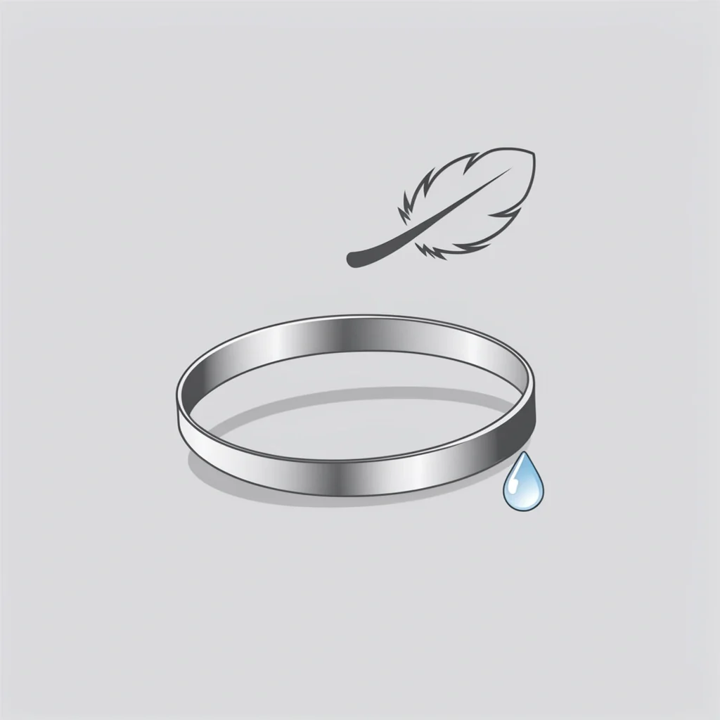 Titanium Ring for Active Men A titanium wedding band on a gray background with a feather and water droplet icon.