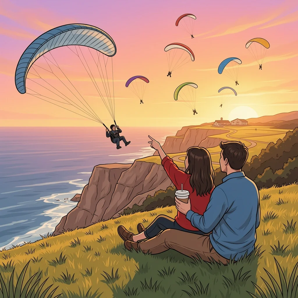 Sunset Date at Torrey Pines Gliderport Couple watching paragliders at Torrey Pines Gliderport during sunset, holding takeout food