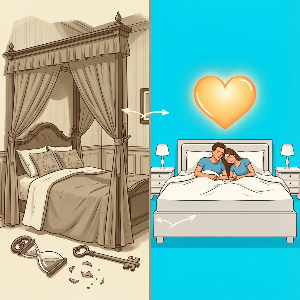 Tradition Versus Modern Couple Sleep Choice A split illustration comparing a traditional bride sleeping alone versus a modern couple sleeping together the night before their wedding