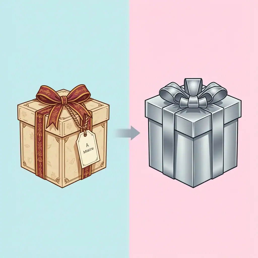 Traditional vs Modern Anniversary Gifts Two gift boxes side by side, one vintage paper wrapped and one modern metallic, representing traditional and modern anniversary gift themes.